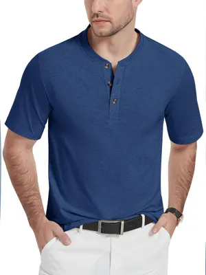 Produktbild von KEFITEVD Herren Henley Shirt Baumwolle Polo Ohne Kragen Blau M