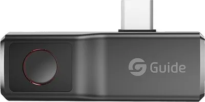 A close-up studio shot of a thermal imaging camera attachment for a smartphone.
