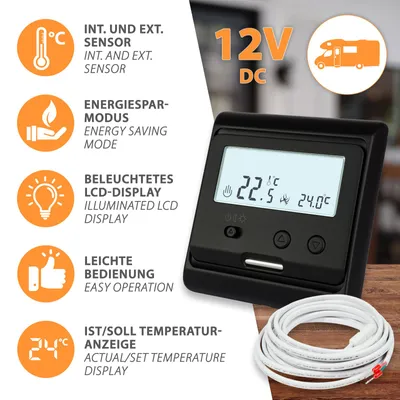 Produktbild von 12V Thermostat Temperaturregler schwarz elektrische Fußbodenheizung Heizungssteuerung Wohnwagen Wohnmobil
