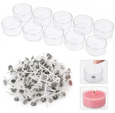 Produktbild von DIY Kerzenherstellung Set, 100 Kerzendochte, 10 transparente runde Behälter & 10 Dochtplättchen, Zubehör zum Kerzen selber machen