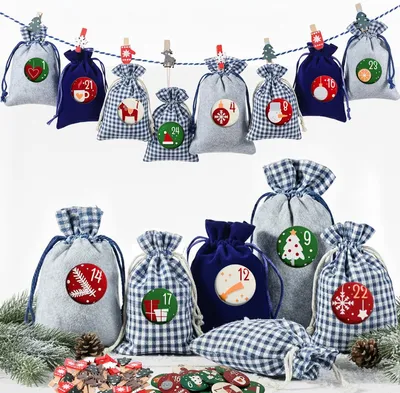 Produktbild von Adventskalender zum Befüllen mit Stoff – 24 Adventskalender-Säckchen – Groß – In Blau und Grau – Weihnachtskalender zum Befüllen – Für Kinder und Erwachsene