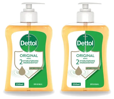 Image de 2 flacons de savon antibactérien pour les mains Dettol, parfum original, 250 ml chacun. Pack avantage