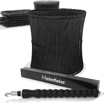 Produktbild von Heimfleiss® Drillapparat + Ösendraht Betonbindedraht 1,4 x 200 mm (1000 Stk.) - PVC ummantelter Rödeldraht Set in schwarz - Bindedraht für Draht Driller