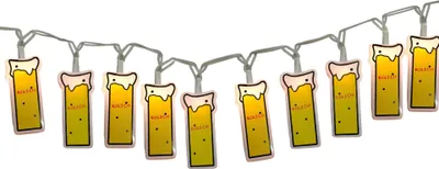A string of decorative lights shaped like beer mugs.