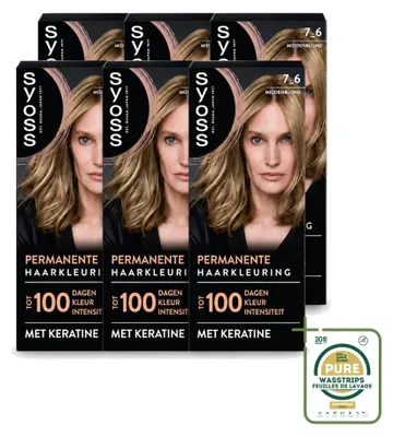 Productafbeelding van 6 x Syoss Permanente Haarkleuring 7-6 Mediumblond met Keratine - Voorraadverpakking - 6 stuks