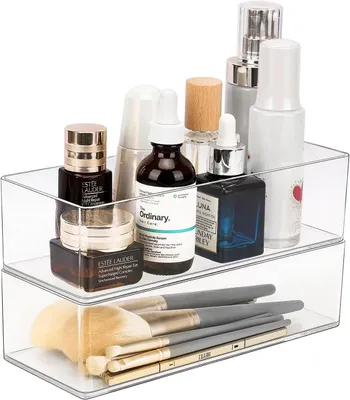 Imagen del producto de Organizador de maquillaje de acrílico, con 2 compartimentos, de 23 x 9,5 x 6 cm, transparente, para baño