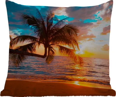 Produktbild von MuchoWow® Outdoor Kissen - Palme - Sonnenuntergang - Horizont - Strand - Meer - Tropisch - 45x45 cm - Wetterfest - Lounge Kissen - Fotokissen - Dekoratives Kissen