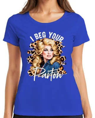 Imagen del producto de Camiseta para mujer, estilo retro, con la imagen de Dolly, la icónica cantante de música country "I Beg Your Parton", color azul, talla S