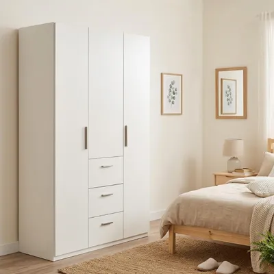 Image de Anama - Armoire 3 Portes, 117x52 cm Blanc, 4 Étagères