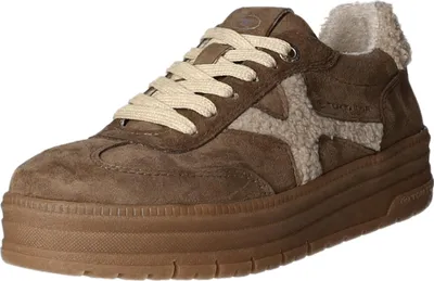 A single brown sneaker with beige accents and a thick sole is shown against a white background.