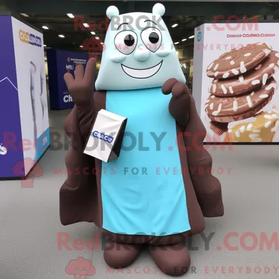 Produktbild von Maskottchen-Figur REDBROKOLY eines himmelblauen Schokoriegels gekleidet in ein Maxikleid und Clutch-Taschen