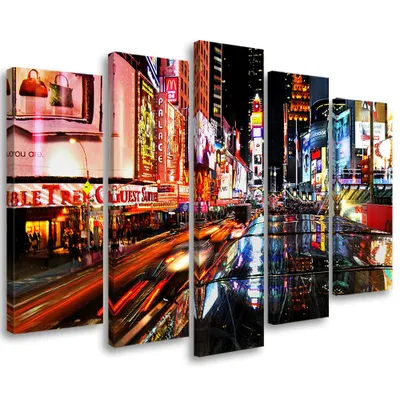 Produktbild von 5-teiliges leinwandbild times square new york 100x70 cm Feeby farbe wandbild bereit zum aufhängen
