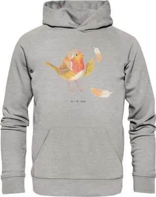 Produktbild von Mr. & Mrs. Panda Bedruckter Hoodie Rotkehlchen Federn Größe S - Heather Grey - Geschenk, Statement-Hoodie, Sweatshirt, Motivation Sprüche, Kapuzenpulli, Kapuzenpullover
