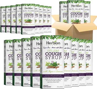 Zdjęcie produktu dla Herbion Naturals Syrop na kaszel z liści bluszczu z tymiankiem i lukrecją, 150 ml – Łagodzi podrażnienia gardła – Bezalkoholowy, bez cukru, ze stewią (opakowanie 24 szt.)