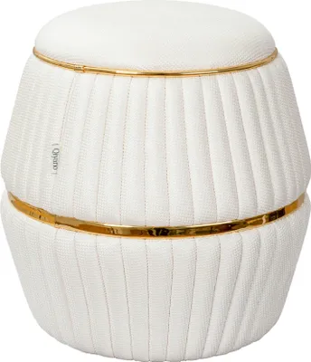Produktbild von Qiyano Pouf Sitzhocker aus grober Strukturstoff in Zylinderform mit Ziernähten und Metalloptikringen in Creme Beige Gold, Höhe ca. 52 cm