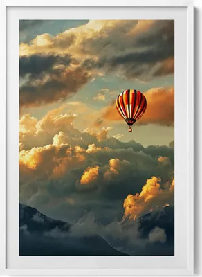 Produktbild von Ballonfahrt zwischen den Wolken– Wandbild mit Rahmen – Gerahmtes Bild  – Wanddekoration – 70x100 cm –  Weiß Rahmen