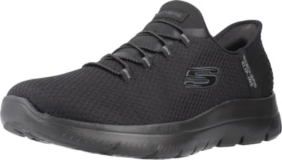 A black Skechers slip-on shoe is shown from the side against a white background.