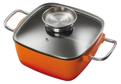 A square orange pot with a glass lid and silver handles, shown from a slightly elevated angle.