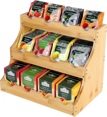 Produktbild von Bamboo Tee-Organizer mit 12 Fächern - Vertikaler Holzteehalter - Teebeutel Aufbewahrungsbox mit Kaffee- und Zuckerspeicher - 30,7 x 25 x 20,5 cm