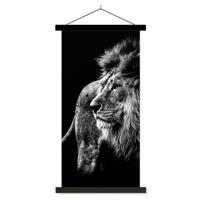 Produktbild von MuchoWow® Textilposter Tiere - Wild - Löwe - Schwarz - Weiß 60x120 cm mit schwarzem Rahmen - Magnete