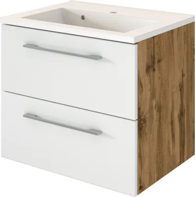 Produktbild von Waschtisch-Unterschrank mit Mineralgussbecken LOUNY-03, Wotaneiche Nb. mit matt weiß, B/H/T: ca. 60/54/48 cm