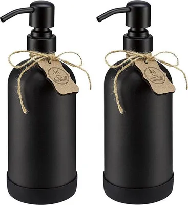 Image de Lot de 2 flacons en silicone et verre pour savon liquide et lotion, avec pompe en acier noir brossé, 250 ml chacun