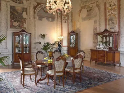 Immagine prodotto di Mobili in stile barocco italiano per la sala da pranzo, set di 11 pezzi, tavolo, sedie, cassettiera e vetrina