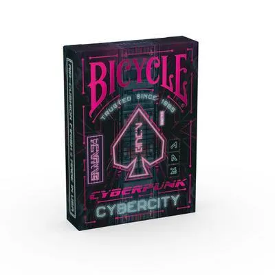 A Bicycle playing card deck with a cyberpunk theme.