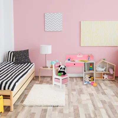 Produktbild von Relaxdays Schreibtisch und Stuhl für Kinder, Schublade & 2 offene Fächer, Schwan-Motiv, Kinderzimmermöbel, rosa/weiß