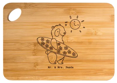 Produktbild von Mr. & Mrs. Panda Holzbrett Panda Surfen - Transparent - Geschenk, Wellenreiten, Surfschule, schneidbrett, holzschneidebrett, schneidunterlage, Frühstücksbrett