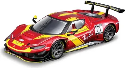 A red and yellow Ferrari racing car model.