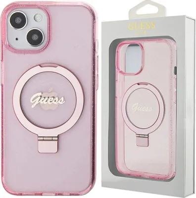Produktbild von Etui Guess Ring Stand Script Glitter Magsafe Na Iphone 15 Plus / 14 Plus - Różowe