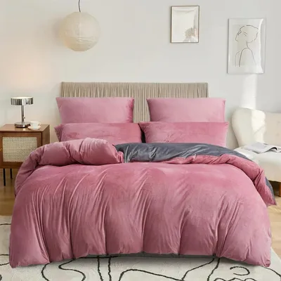 Produktbild von Fleece Bettwäsche Set 4tlg 135x200cm Rosa Altrosa Grau mit 2 Kissenbezügen 80x80cm