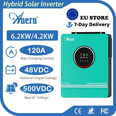 Imagen del producto de Inversor solar de 6200W, 48V, con Wi-Fi, onda sinusoidal pura, y controlador de carga MPPT de 120A