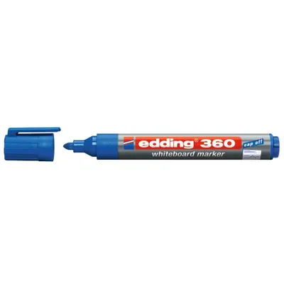 A blue Edding 360 whiteboard marker with its cap off, displayed on a white background.