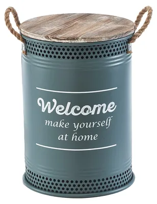 A cylindrical storage bin with a wooden lid and rope handles, featuring text.