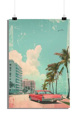 Produktbild von Miami Poster - Stadt Poster - Vintage Auto Poster - Retro Poster - 51x71cm - Perfekt zum Einrahmen