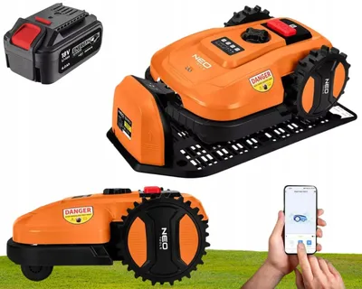 Produktbild von NEO TOOLS Mähroboter mit Austauschbarem Akku (4 Ah-Akku Enthalten) für Gärten bis 600 m2 Steuerung Smartphone-App Ladestation, 100m Grenzkabel, 18 V