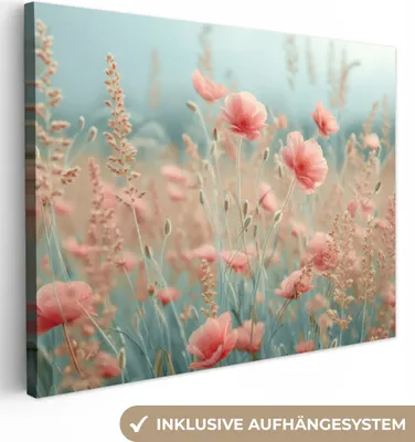 Produktbild von MuchoWow® - Leinwandbilder - Blumen - Natur - Mohnblumen - Blumenfeld, Wandbild, Wanddeko Bilder Wohnzimmer, 40x30 cm