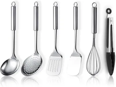 Produktbild von Edelstahl-Kochgeschirr-Set, 6-teilig, Küchenutensilien-Set mit Pfannenwender, Schaumlöffel, Suppenkelle, Zange, Schneebesen und Küchenhelfern zum Kochen