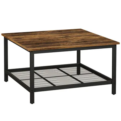 Zdjęcie produktu dla BEGRYF Stół kawowy ciemny brąz z półką do salonu 80x80x45, industrialny styl loftowy, metalowa konstrukcja, kwadratowy blat vintage