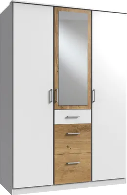 Produktbild von Kleiderschrank "Click" aus Spanplatte in Weiß mit 3 Schubladen und 3 Türen. Abmessungen (B/H/T) 135x198x58 cm