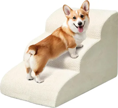 Produktbild von Hundetreppe für kleine Hunde, H40 cm, für Katzentreppe Hundetreppe Bett und Sofa, ältere und verletzte Haustiere, mit waschbarem Bezug und hochdichtem Schaumstoff (Beige, 3 Stufen)