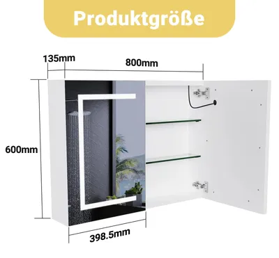 Image de Armoire de salle de bains avec miroir - Armoire murale à LED - Armoire à pharmacie - MDF - Verre trempé - Espace de rangement - Double porte