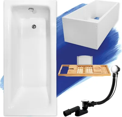Image de Baignoire rectangulaire 170x75 + support de baignoire + étagère en bambou, écoulement & pieds S | Set complet 5in1 baignoire originale acrylique siphon | BADLAND TALIA