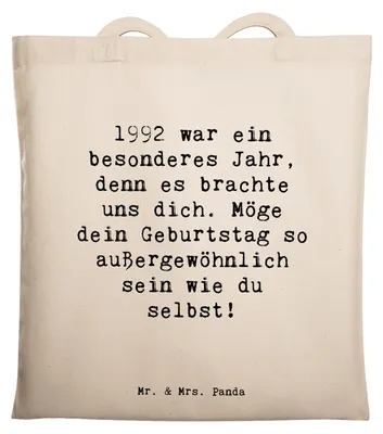 Produktbild von Mr. & Mrs. Panda Shopping Tasche Spruch 1992 Geburtstag - Transparent - Geschenk, Schultasche, Jahrgang, Jutebeutel, Tote Bag, geschätzt werden, Glückwunsch, Stoffbeutel