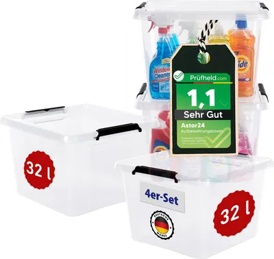 Produktbild von Aufbewahrungsbox 32 L mit Deckel 4er Set stapelbare Kunststoffbox transparent BPA-frei & robust