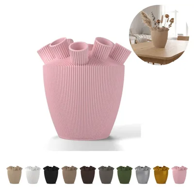 Produktbild von Deko Vase Shinzo 18,1 cm, gerippte Tulpenvase mit Stielröhrchen, PLA – Sakura-Rosa