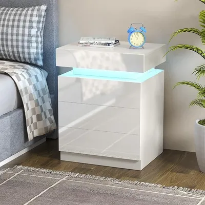Imagen del producto de Mesa de noche LED con 3 cajones, mesa de noche blanca de alto brillo, mesita de noche con luz LED, mueble auxiliar para dormitorio, 16 colores, mesa auxiliar para salón, dormitorio, 45x35x67cm, blanca