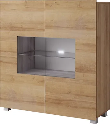 A modern wooden cabinet with glass doors and internal lighting.